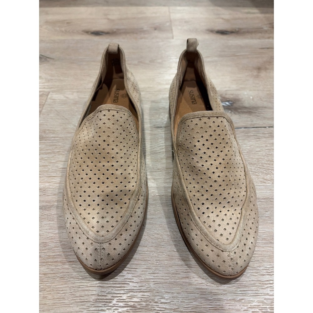 Susina Kellan Tan Perforated Suede Loafers Beige Slip On Flats Womens